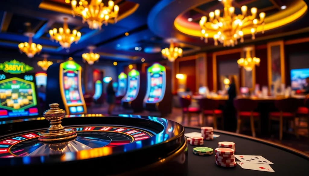 A lively casino scene featuring 888VI's online gaming interface, showcasing roulette and slot machines.