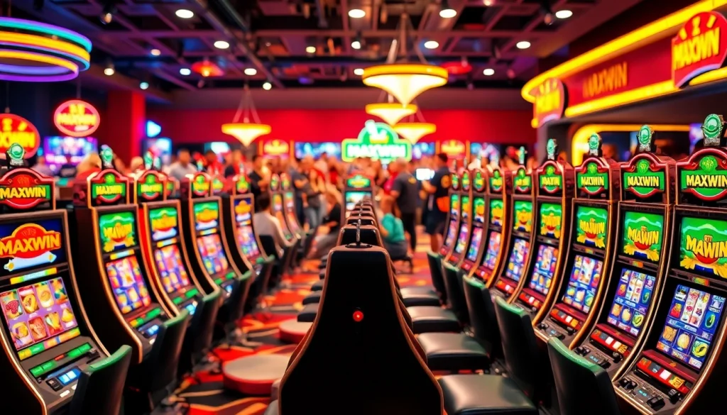 Menyaksikan permainan slot maxwin yang menggembirakan dengan pencahayaan cerah dan mesin slot yang berwarna-warni.