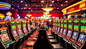 Menyaksikan permainan slot maxwin yang menggembirakan dengan pencahayaan cerah dan mesin slot yang berwarna-warni.