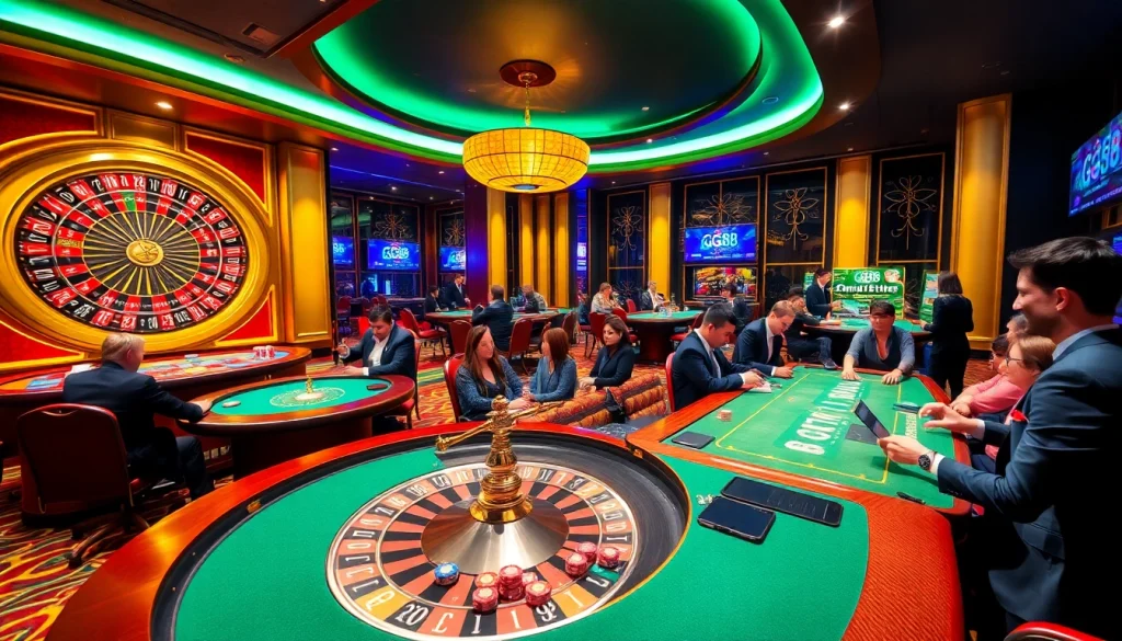 Experience thrilling casino gameplay at GG88 with vibrant poker tables and roulette wheels.