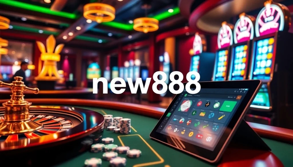 Experience the excitement of new888 with players engaged at a casino table, highlighted by vibrant elements.
