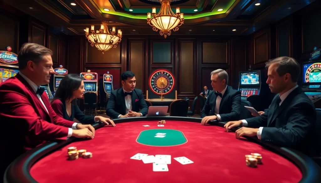 Players enjoying a high-stakes poker game, showcasing Kjc solutions in an upscale casino environment.