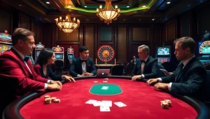 Players enjoying a high-stakes poker game, showcasing Kjc solutions in an upscale casino environment.