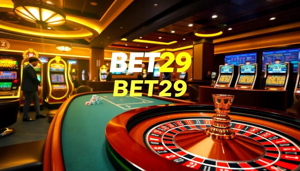 Players enjoying a vibrant casino atmosphere at BET29 with roulette and slot machines.