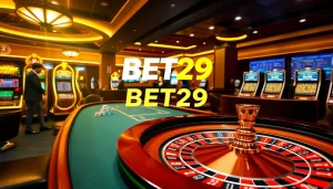 Players enjoying a vibrant casino atmosphere at BET29 with roulette and slot machines.