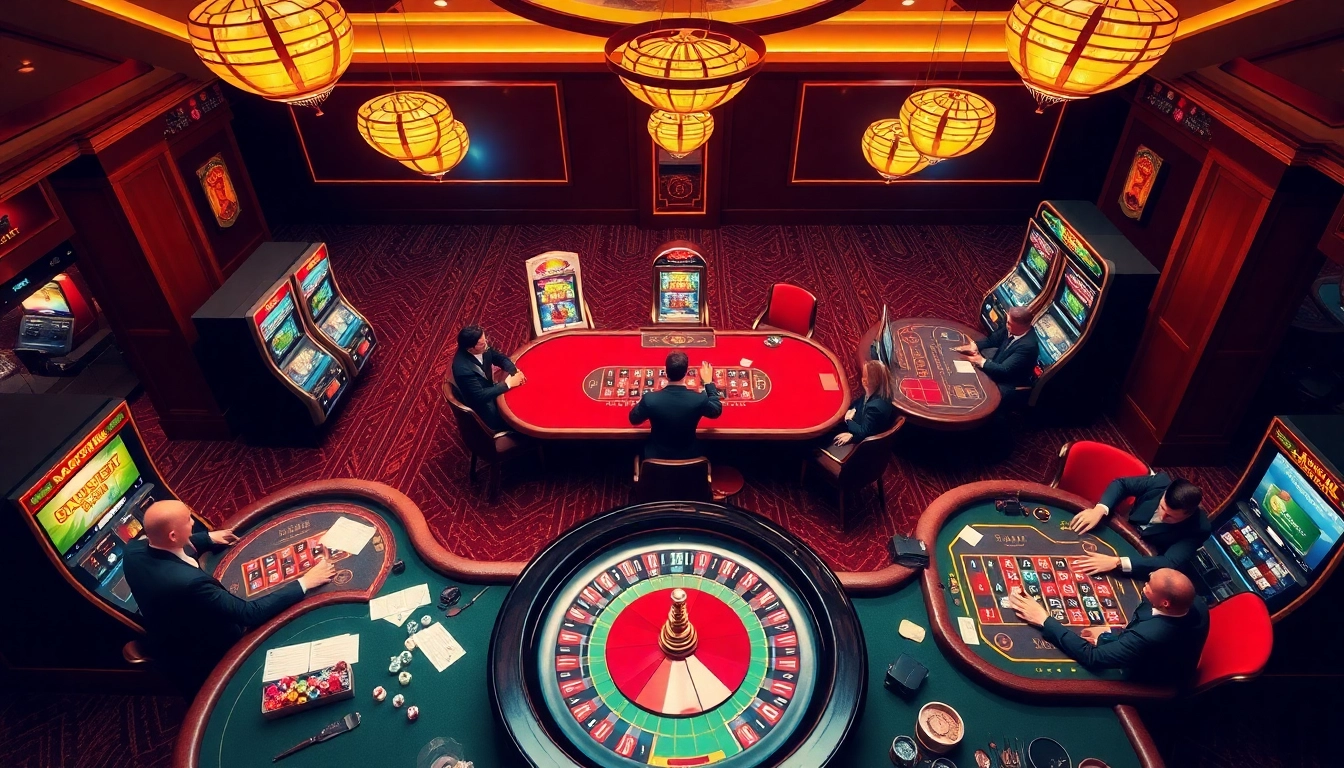 Experience thrilling gaming action at KJC, where excitement and luxury blend seamlessly, featuring casino tables and vibrant slot machines.