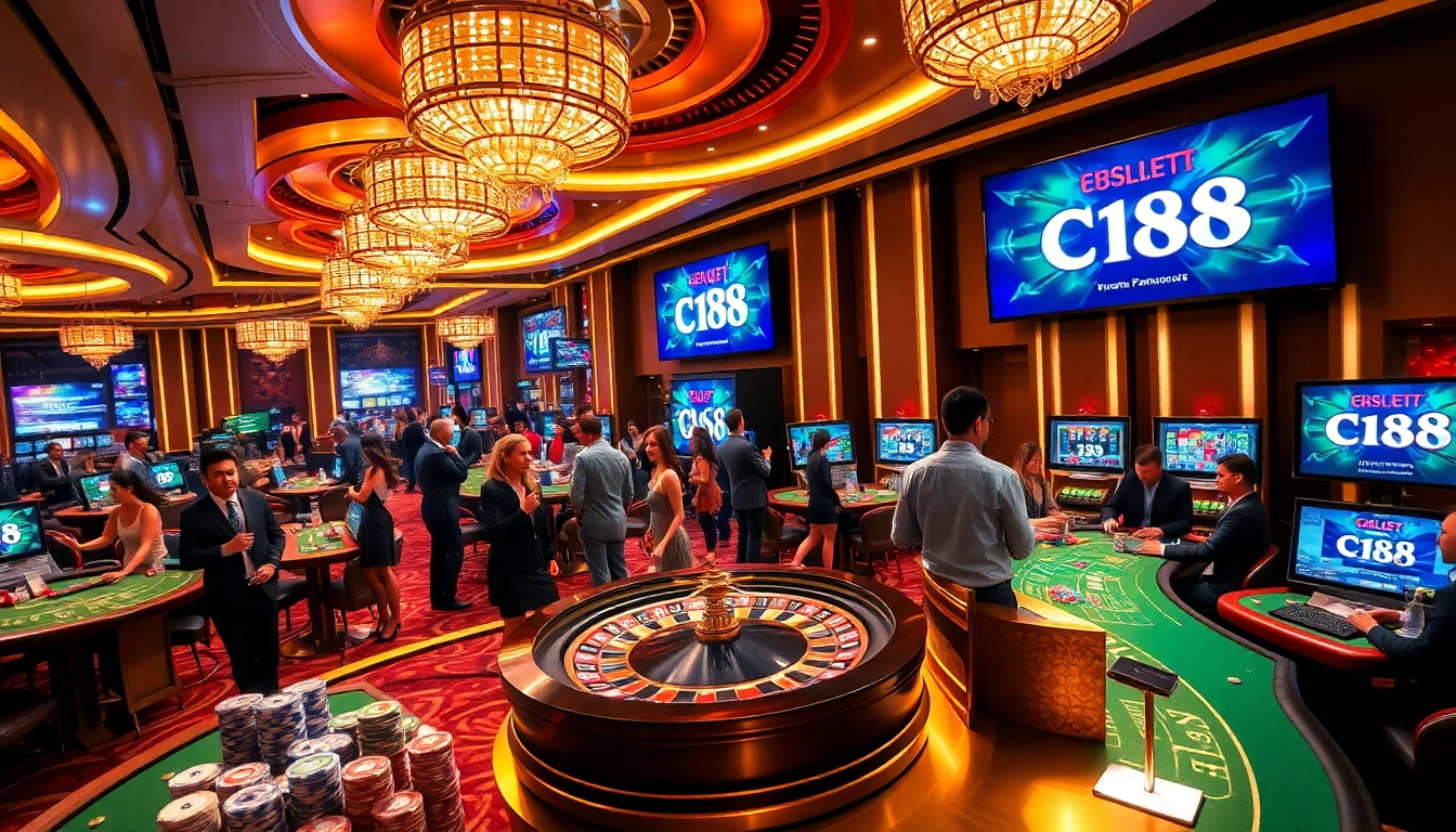 Exciting casino scene featuring C168 roulette and poker tables with players betting.