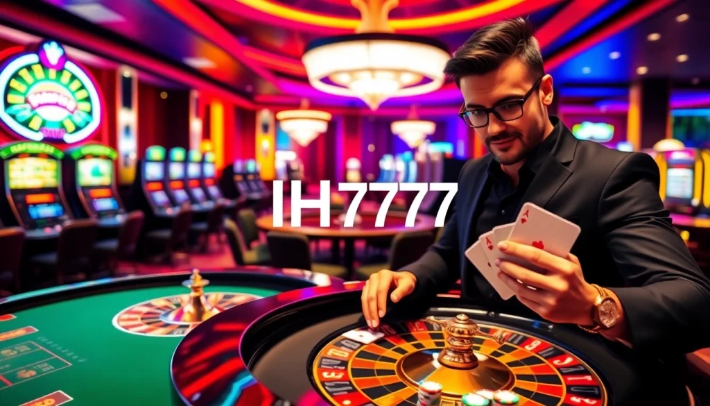 Gambler engaging in high-stakes play with IH777 chips at a vibrant casino.