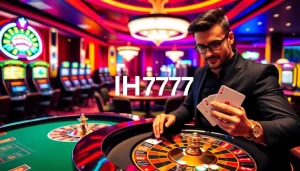 Gambler engaging in high-stakes play with IH777 chips at a vibrant casino.