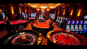 LC88 online casino showcasing vibrant poker tables and a roulette wheel amidst an exciting gambling atmosphere.