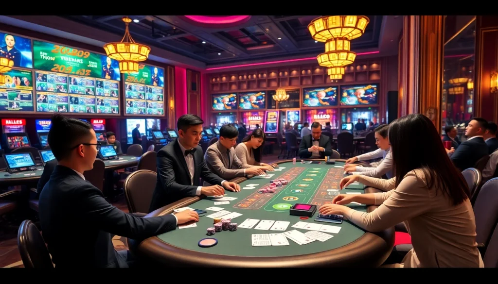 Exciting Đá Gà Thomo BJ888 action captured in a luxurious casino setting with vibrant tables and players.