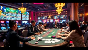 Exciting Đá Gà Thomo BJ888 action captured in a luxurious casino setting with vibrant tables and players.