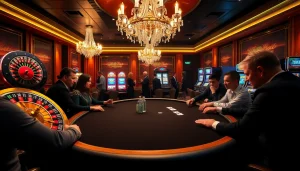 Engaged players at THABET's upscale casino poker table, surrounded by roulette and vibrant slot machines.