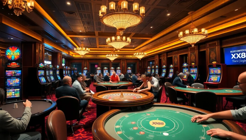 Experience the thrill of gambling at XX88's luxurious casino tables with vibrant slot machines.