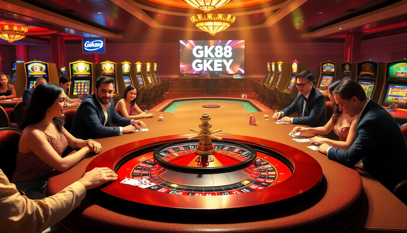 Experience the thrill of Trang chủ GK88 with an elegant casino scene featuring roulette, poker, and vibrant slot machines.