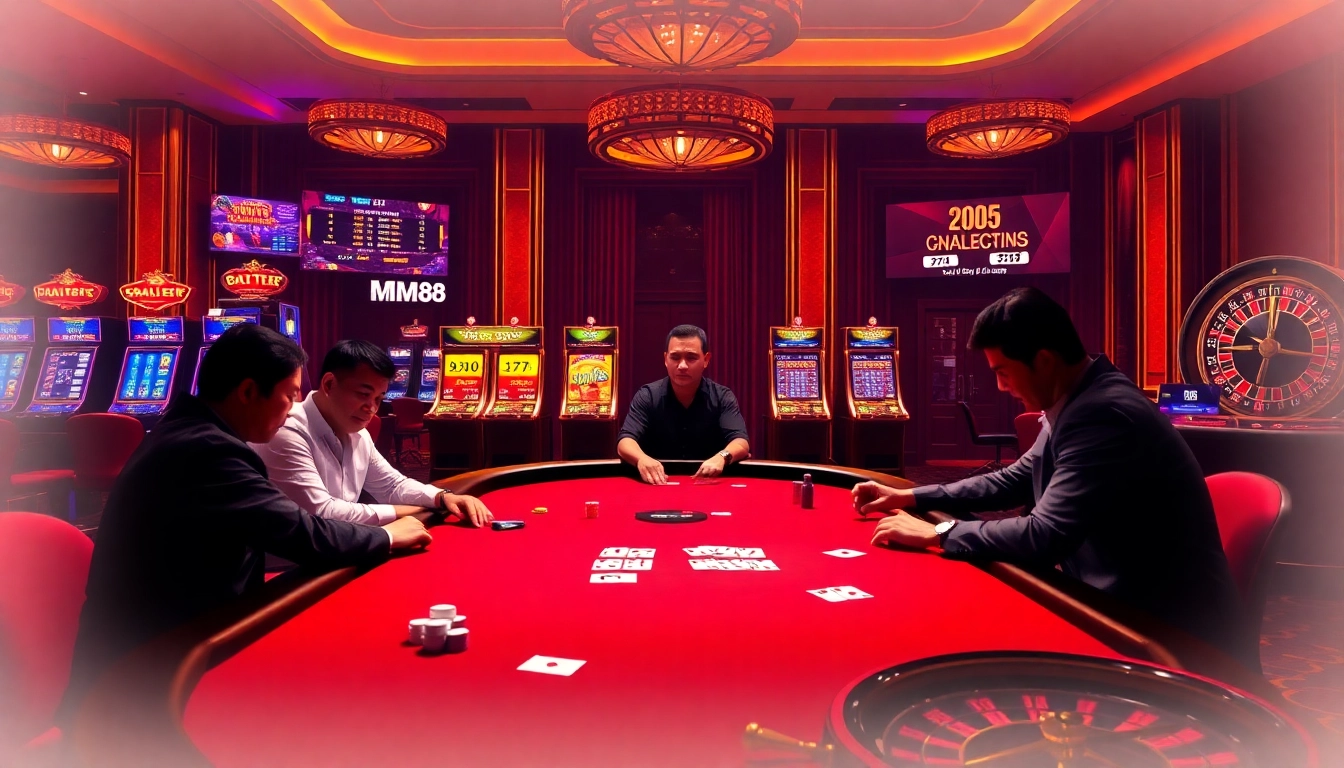 Thrilling poker game scene showcasing MM88's luxurious casino environment with chips and cards.