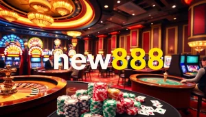 Players enjoying classic casino games at new888, surrounded by vibrant roulette tables and slot machines.
