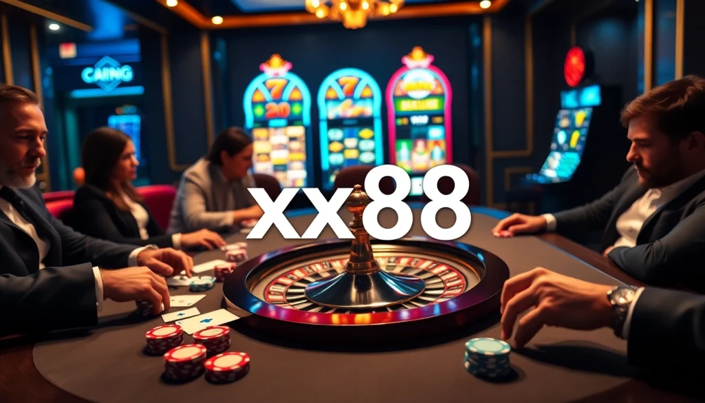 Experience the thrill of xx88 with vibrant poker chips and an elegant roulette wheel in a luxury casino setting.
