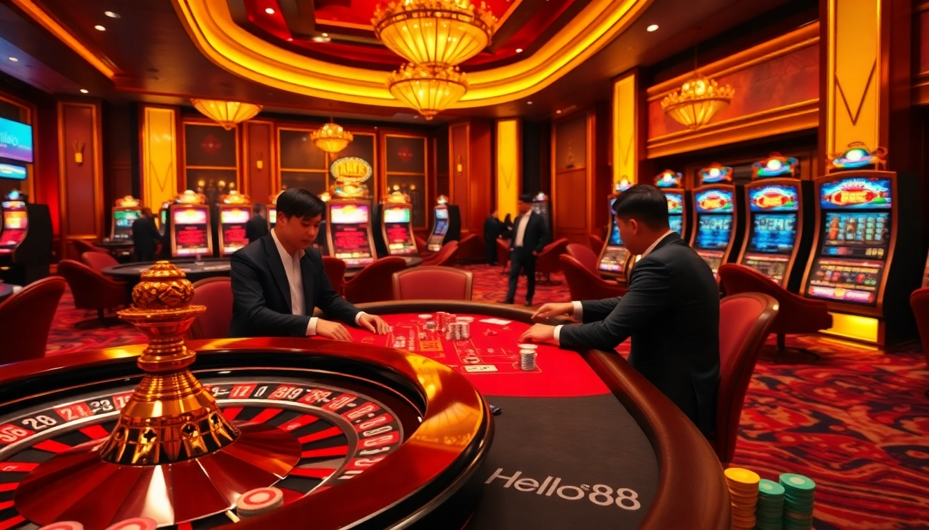 Engage in thrilling gambling action at Hello88 casino, showcasing poker tables, roulette wheels, and vibrant slot machines.
