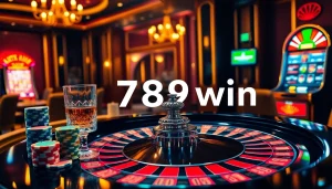 Engage with the thrilling world of 789 win at an elegant casino featuring roulette, poker chips, and vibrant slot machines.