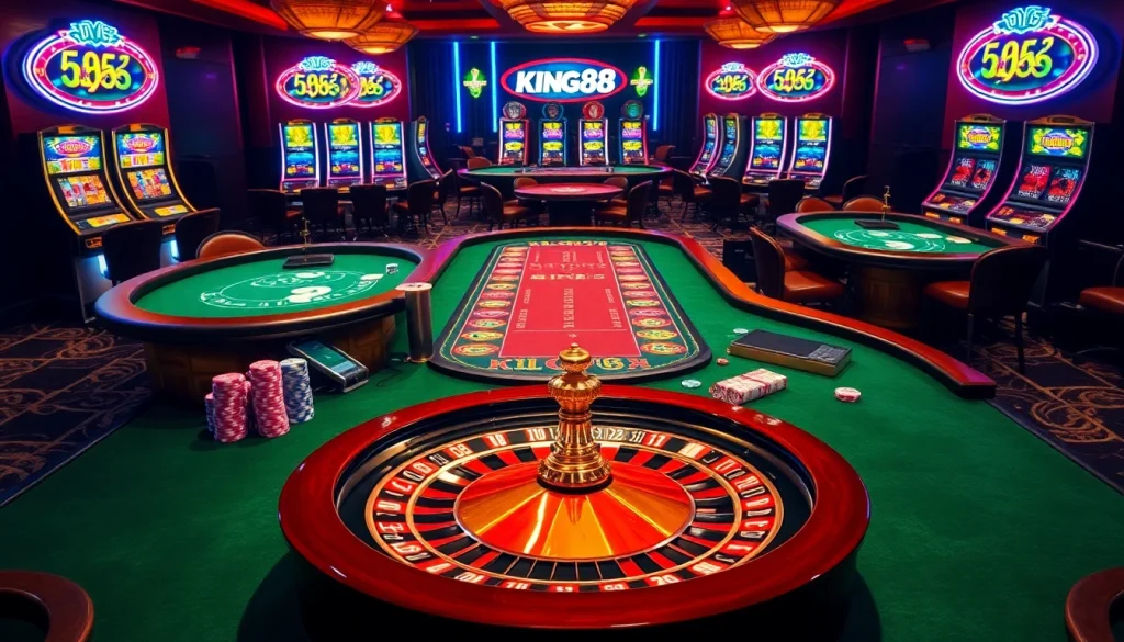 Win at KING88's luxury casino experience featuring poker tables and roulette.