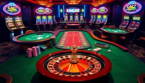 Win at KING88's luxury casino experience featuring poker tables and roulette.