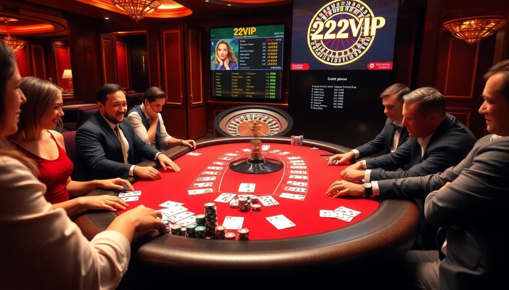 Excited players at a luxurious poker table engaging with 22VIP online betting platform, showcasing a vibrant casino atmosphere.