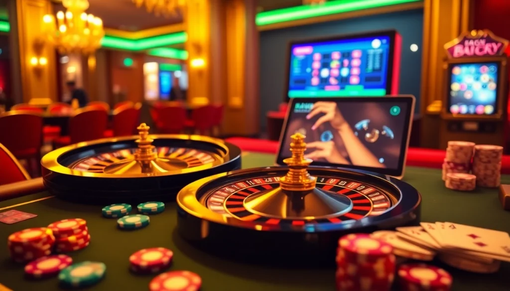 Intense gambling action at https://789win.apartments/ with roulette, poker chips, and a slot machine.