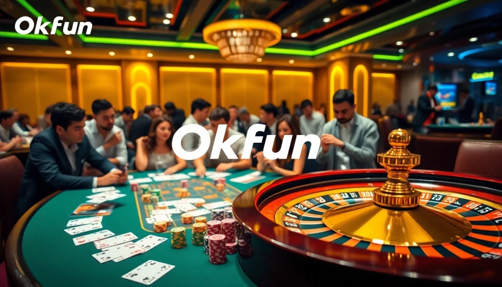 Players enjoying a lively casino experience with Okfun at elegant gaming tables and vibrant atmosphere.