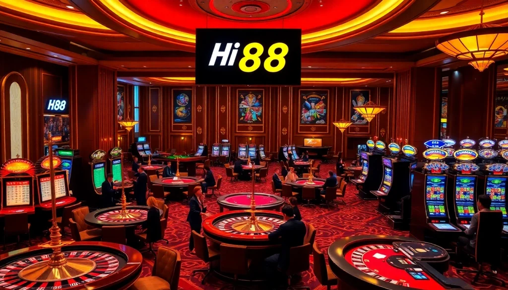 Engage with Hi 88 at an upscale casino gaming table, featuring vibrant poker chips and illuminated slot machines.