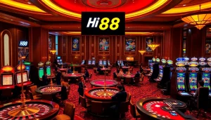 Engage with Hi 88 at an upscale casino gaming table, featuring vibrant poker chips and illuminated slot machines.