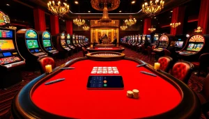 S8 poker table scene with illuminated slot machines and elegant decor.