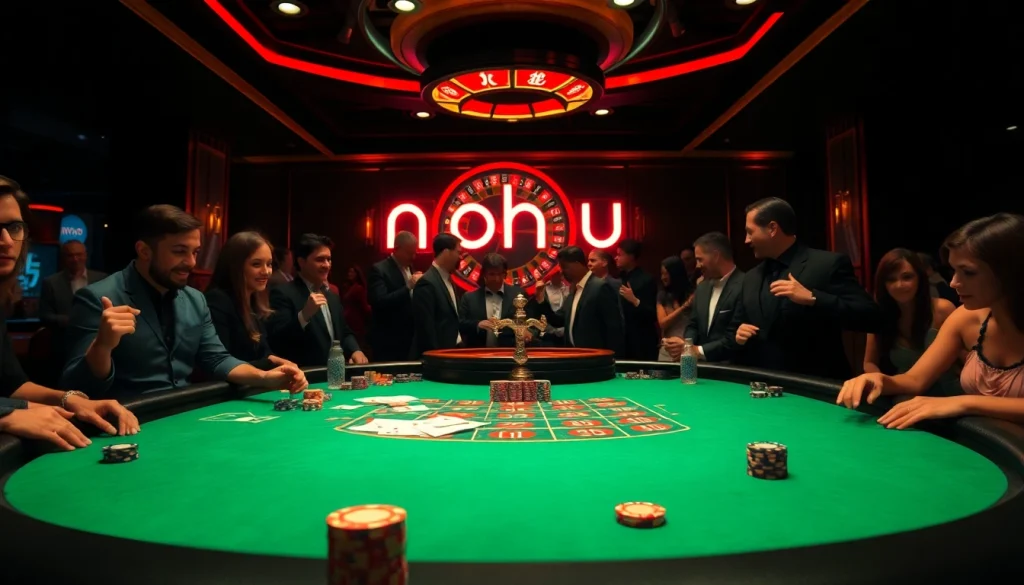 Nohu-themed poker game with vibrant chips and cards in an upscale casino setting.