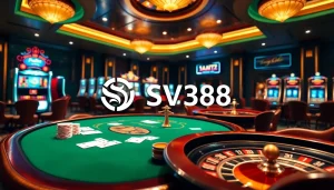 Engaging gambling scene showcasing nhà cái SV388's online betting interface with poker chips and roulette wheel.