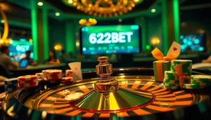 Experience the thrill of winning at 622BET with an elegant casino scene featuring poker chips and roulette.