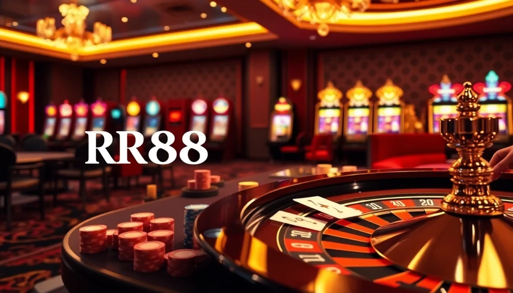 RR88 casino excitement with a player at a poker table and slot machines.