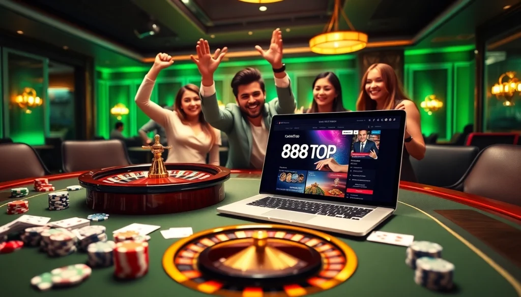 Capture the thrill of gaming at 888TOP with a vibrant casino scene featuring poker chips, cards, and roulette.