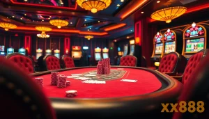 Experience the thrill of winning at xx88 with an exciting casino scene featuring poker and slot games.