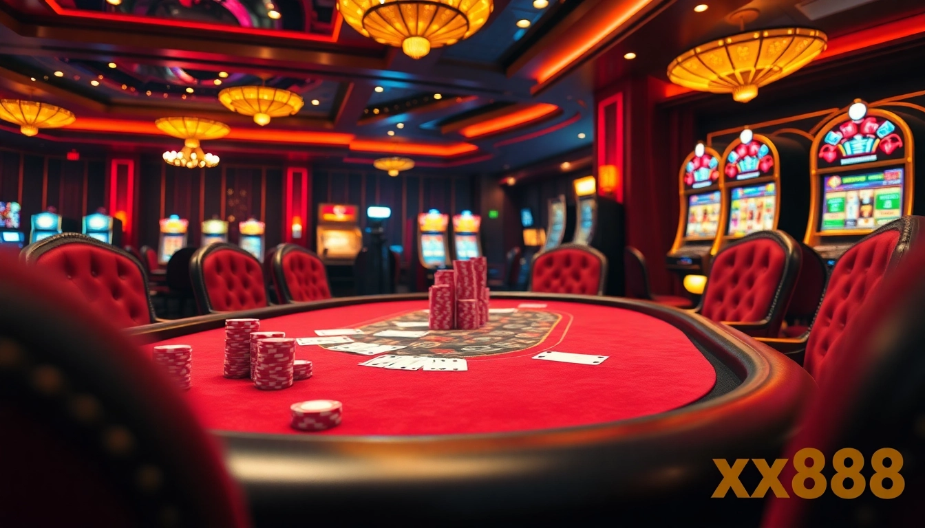 Experience the thrill of winning at xx88 with an exciting casino scene featuring poker and slot games.