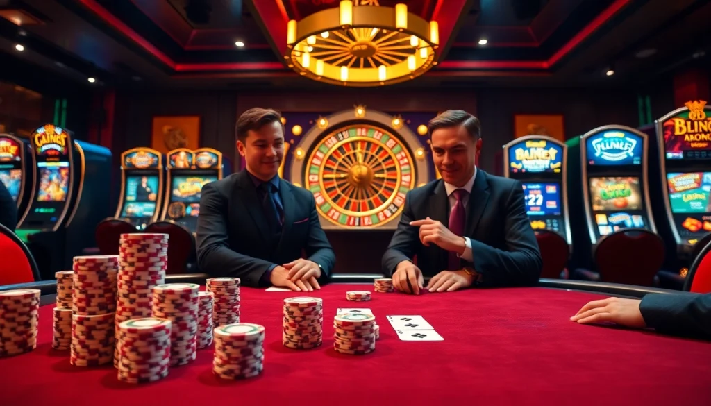 Exciting poker game scene featuring 88bet, with chips, cards, and a roulette wheel in a sophisticated casino.