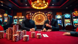 Exciting poker game scene featuring 88bet, with chips, cards, and a roulette wheel in a sophisticated casino.