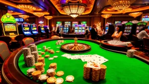 Action-packed gaming at Nhà cái 32Win casino featuring vibrant tables and slot machines.