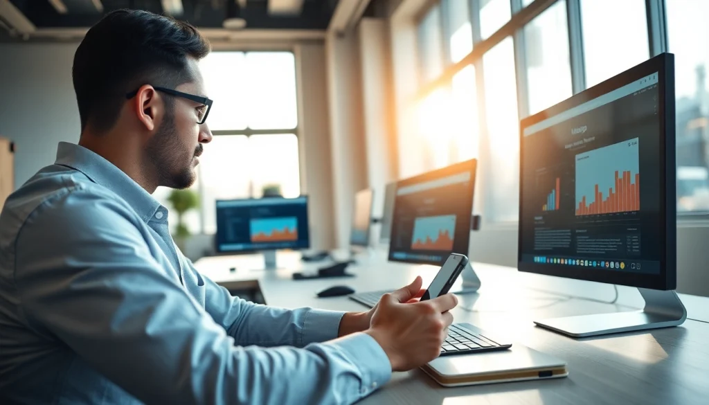 Engaging in follow in dm strategies using digital marketing tools in a modern office.