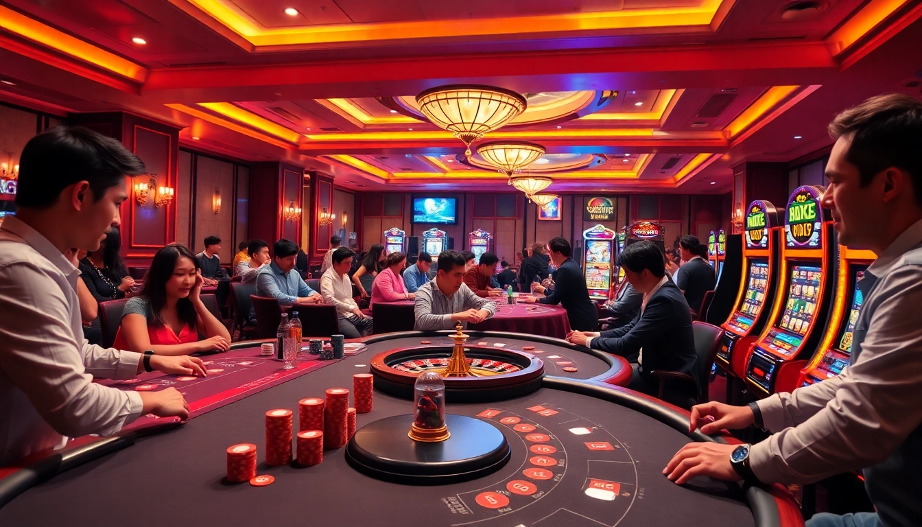 Players winning at MM88 casino with poker chips, roulette wheels, and slot machines.