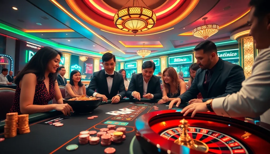 Engaged players strategizing at MM88’s vibrant casino table with cards and chips.