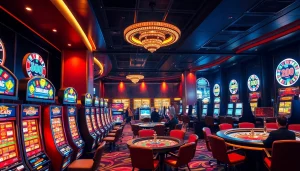 Bet confidently at https://lc88app.com/ with vibrant slot machines and excited players in a luxurious casino.