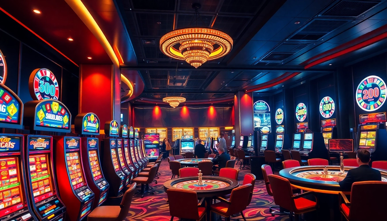 Bet confidently at https://lc88app.com/ with vibrant slot machines and excited players in a luxurious casino.