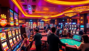 The vibrant atmosphere of a 슬롯사이트 casino with players enjoying dynamic slot machines and poker tables.