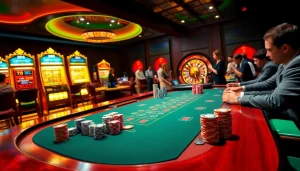 Experience luxury gaming at MM 88 casino with an exciting blackjack table and colorful slot machines.