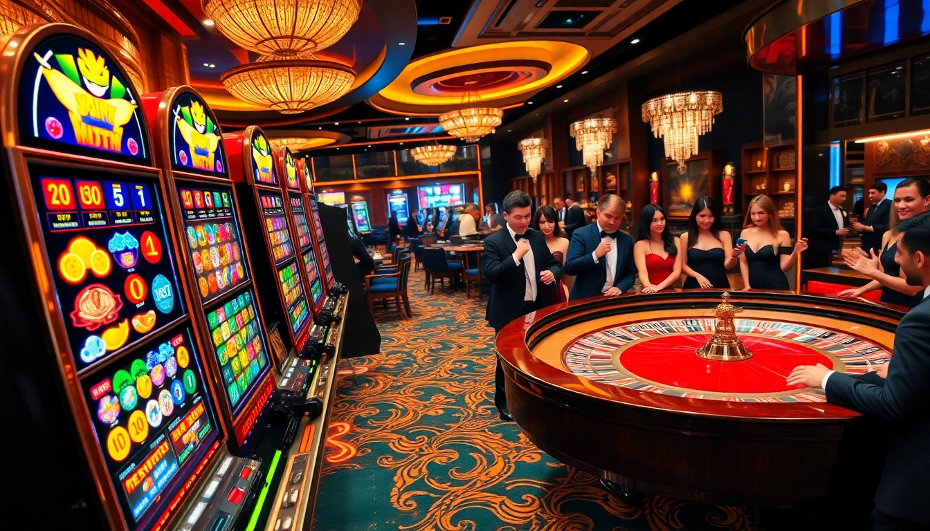 Experience thrilling birutoto gameplay at a vibrant casino with slot machines and roulette tables.